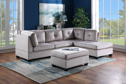 Sienna Silver Velvet Sectional & Ottoman Set