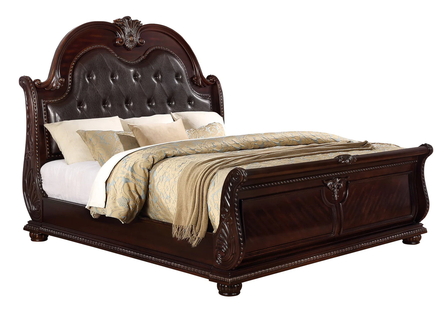 5pcs Stanley Cherry Brown Wood & Marble Bedroom Set