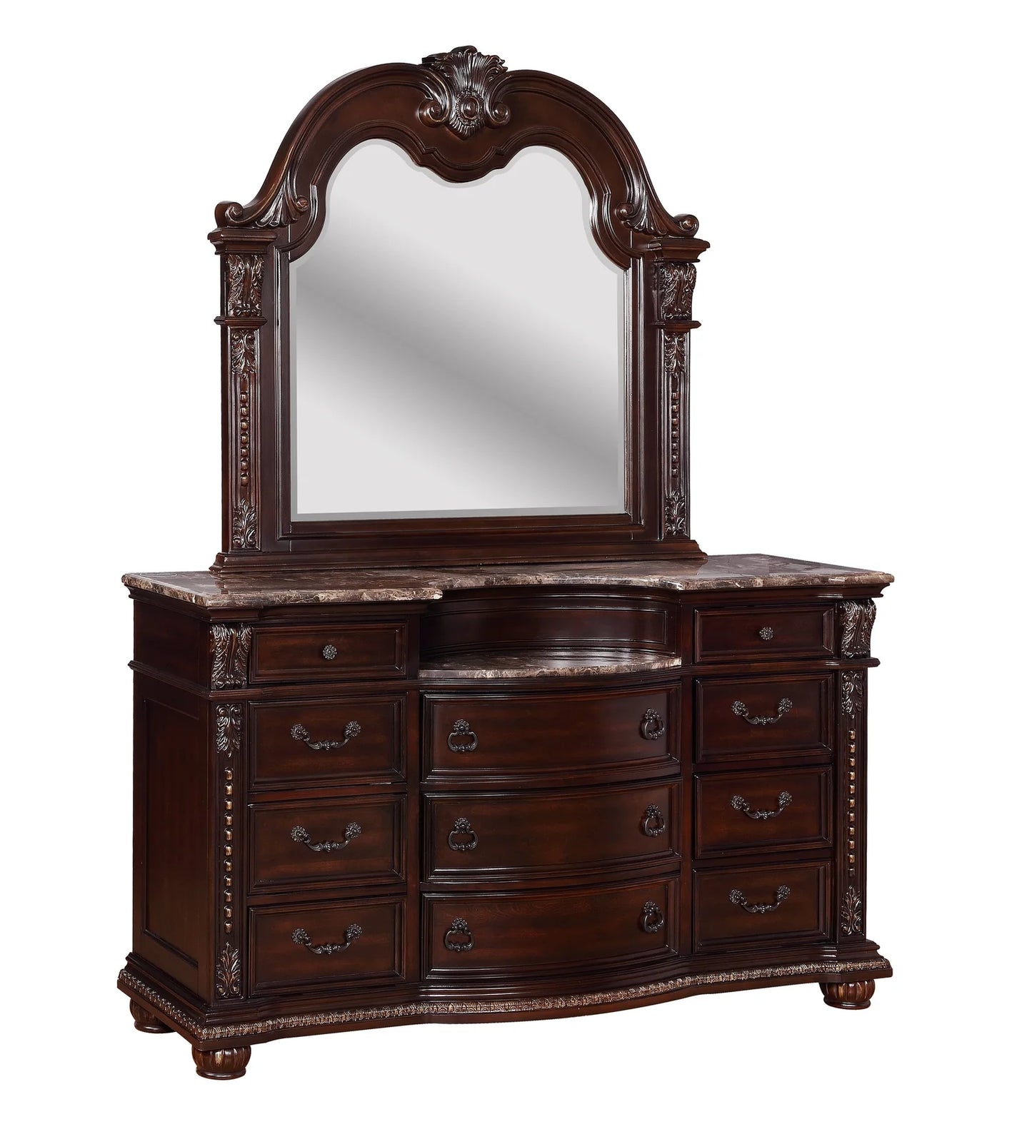5pcs Stanley Cherry Brown Wood & Marble Bedroom Set