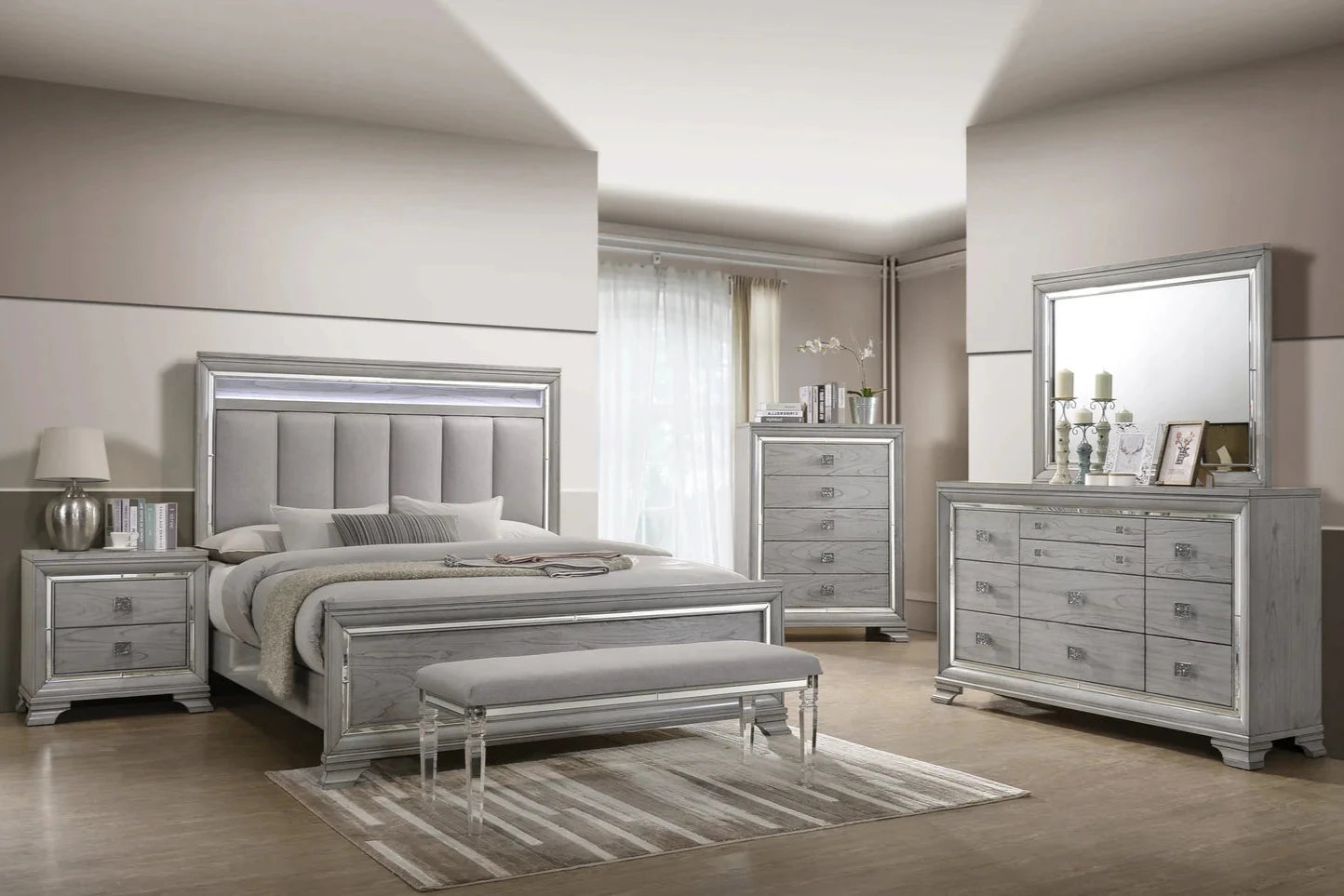 5pcs Vail Grey Wood Finish LED Bedroom Set