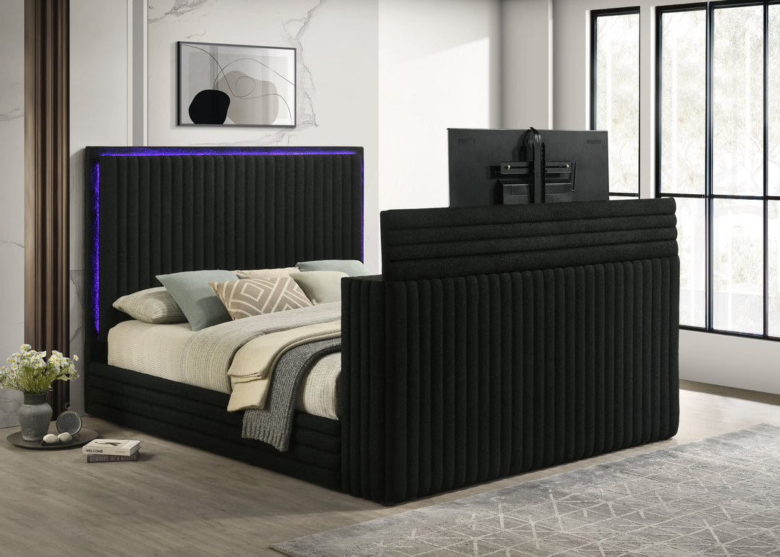 Villa Black Fireplace Velvet Platform Bed Frame