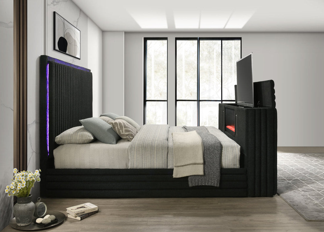 Villa Black Fireplace Velvet Platform Bed Frame