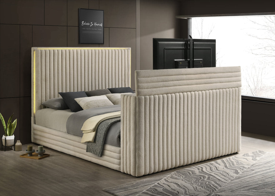 Villa White Fireplace Velvet Platform Bed Frame