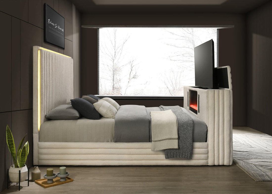 Villa White Fireplace Velvet Platform Bed Frame