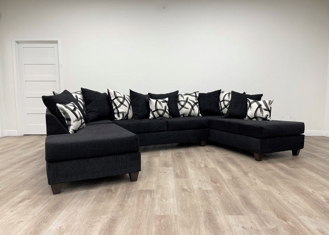111 Black Double Chaise Fabric Sectional