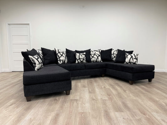 111 Black Double Chaise Fabric Sectional