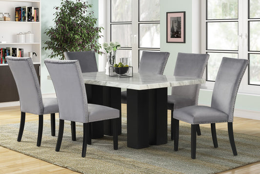 7pcs Rectangular Genuine Marble Table Top Dining Set with Velvet Chairs (Multiple Colors)