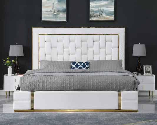 BB700 Marbella White Leather Gold Trim Platform Bed Frame
