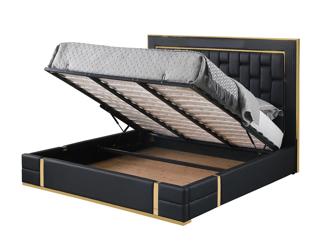 Marbella Black Leather Gold Trim Platform Bed Frame