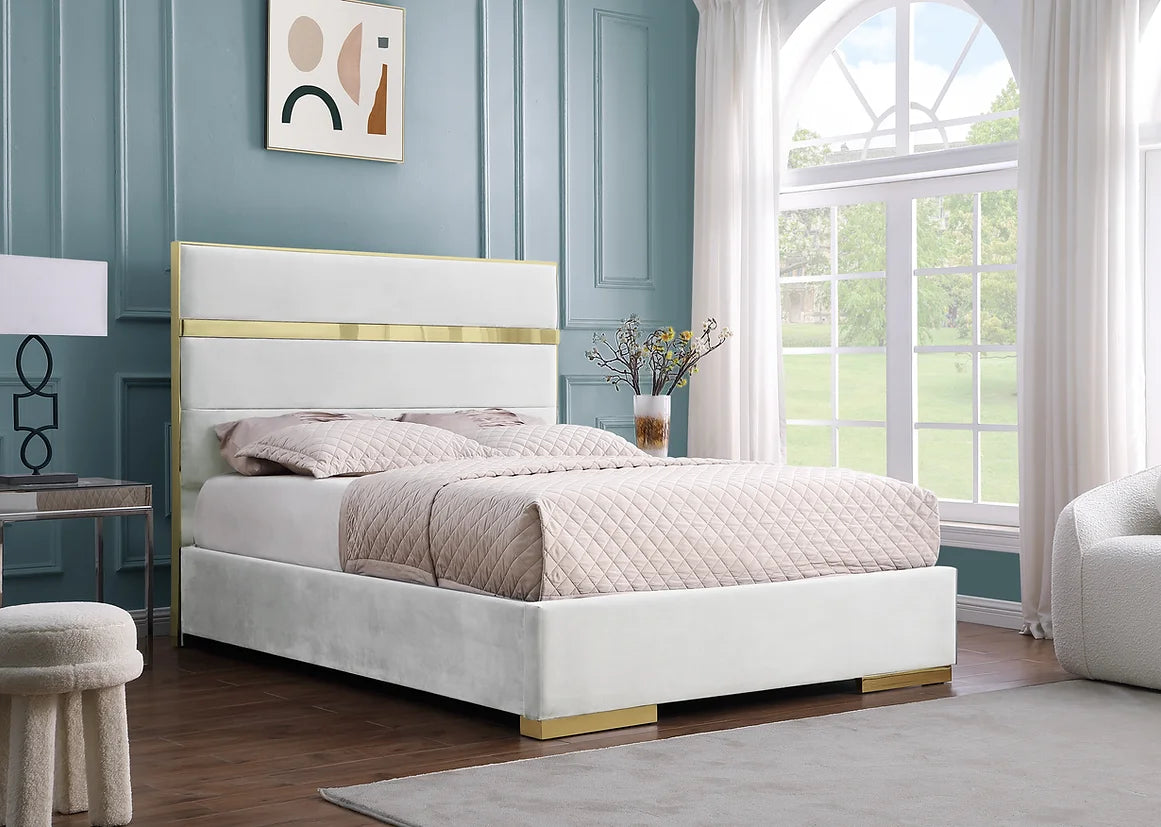 Cartier Ivory & Gold Velvet Platform Bed Frame