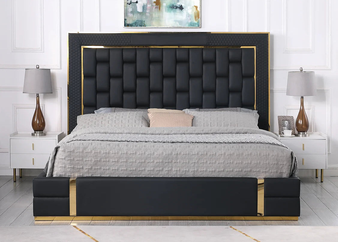Marbella Black Leather Gold Trim Platform Bed Frame