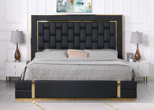 Marbella Black Leather Gold Trim Platform Bed Frame