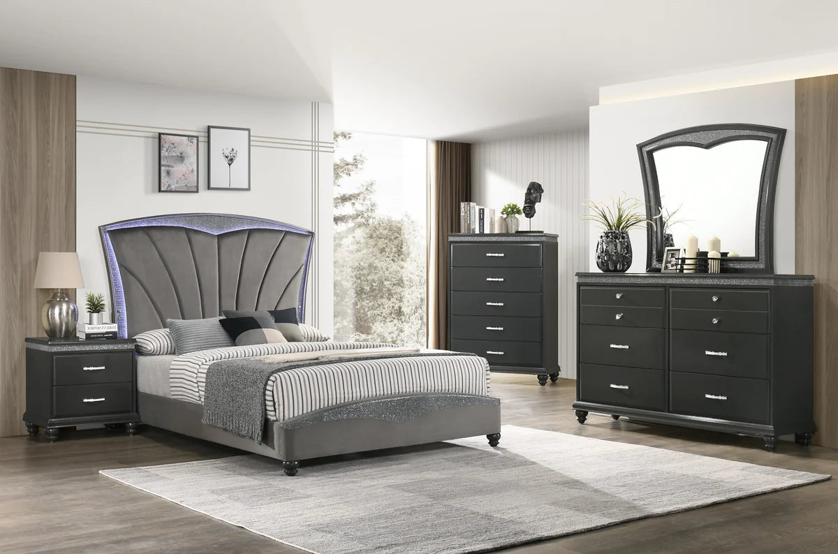 5pcs LED Velvet & Wood Bedroom Set (Multiple Sizes)