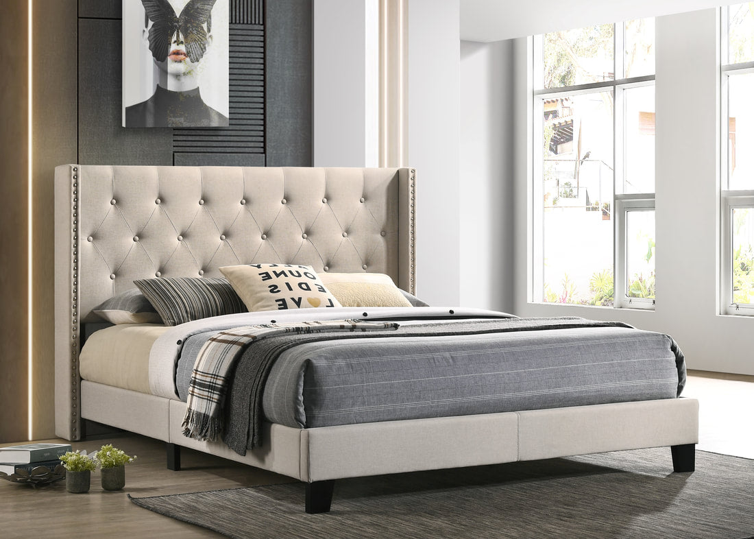 HH740 Beige Linen Platform Bed Frame