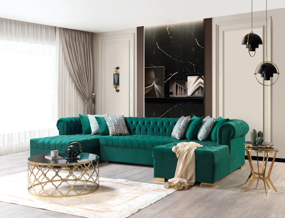 Lauren Green Velvet Tufted Double Chaise Sectional