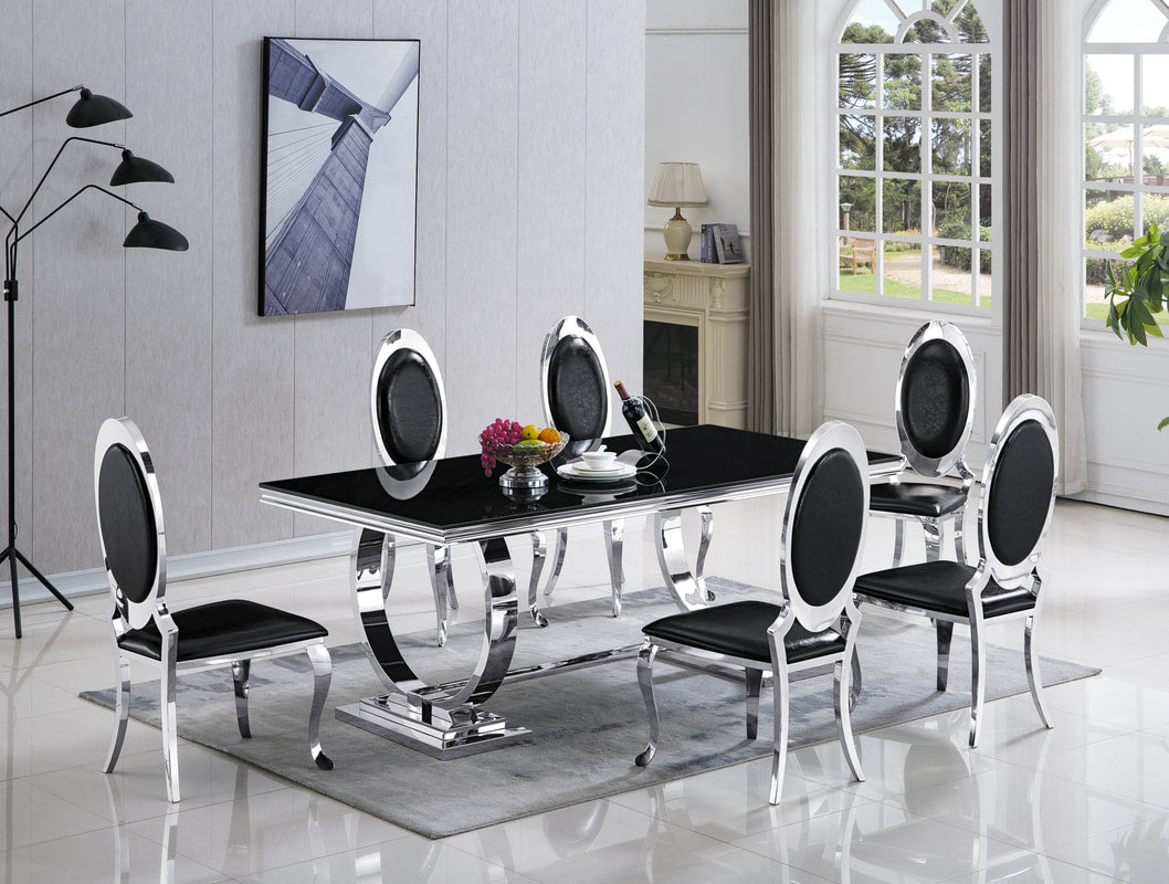 7pcs Metal Table with 6 Black PU Leather Dining Set
