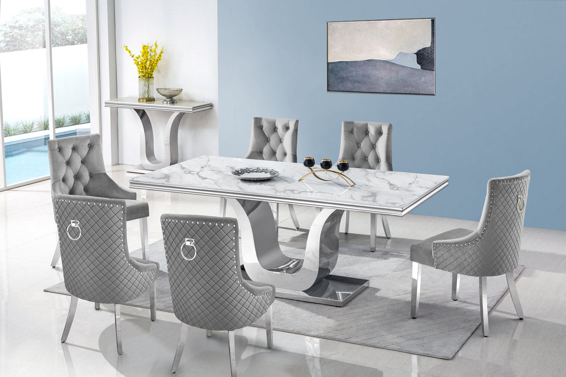7pcs Rectangular Genuine Marble Table Top with Grey Tufted Velvet Chairs Dining Set