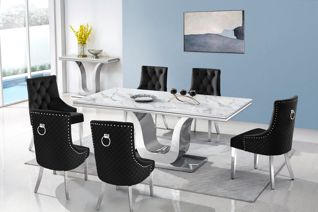 7pcs Rectangular Genuine Marble Table Top with Black Tufted Velvet Chairs Dining Set