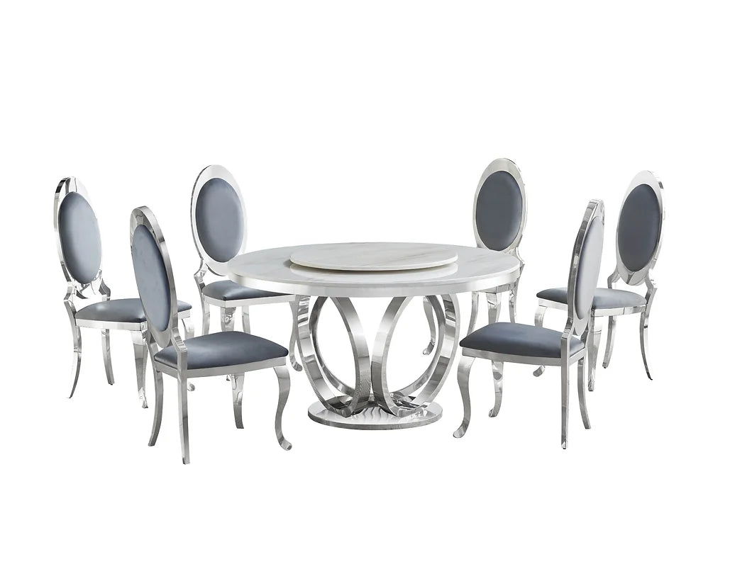 5pcs or 7pcs Round Faux Marble Table Top with Grey Leather Dining Set