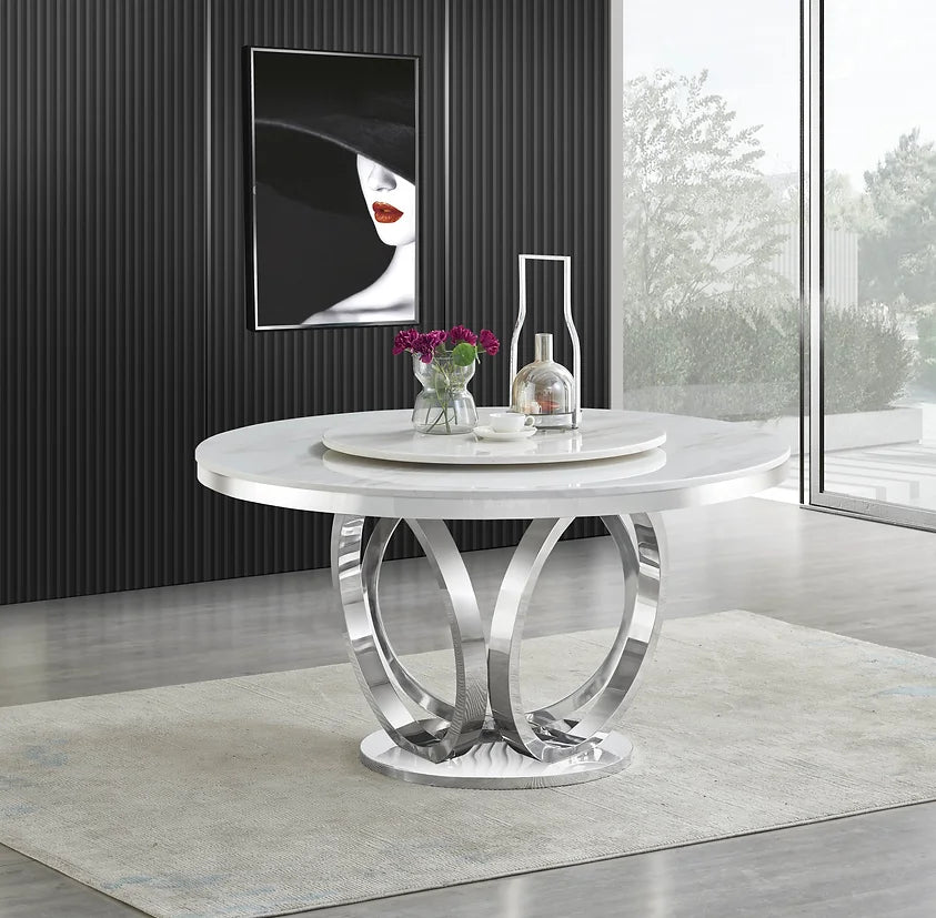 5pcs or 7pcs Round Faux Marble Table Top with Grey Leather Dining Set