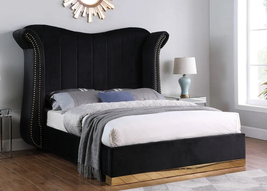 Luna Black Velvet Metal Trim Platform Bed Frame