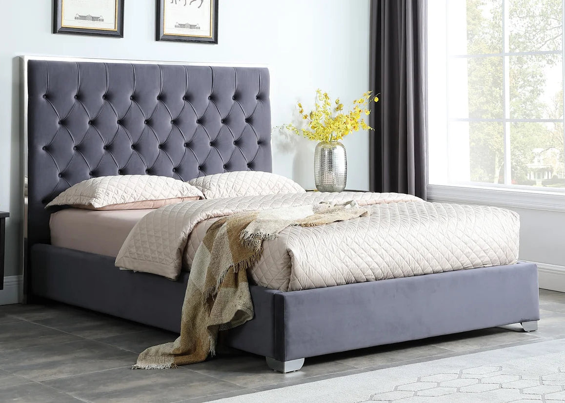 Rose Grey Velvet Silver Trim Platform Bed Frame