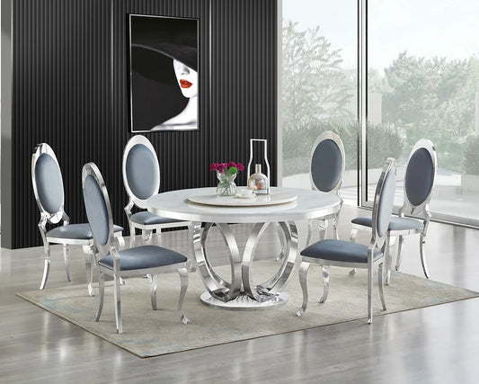 5pcs or 7pcs Round Faux Marble Table Top with Grey Leather Dining Set