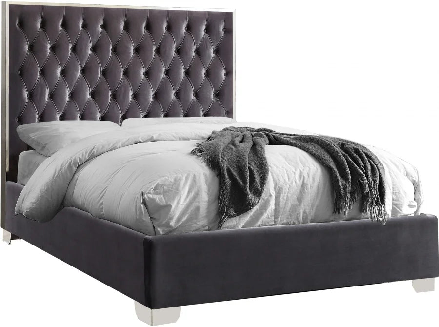 Rose Grey Velvet Silver Trim Platform Bed Frame