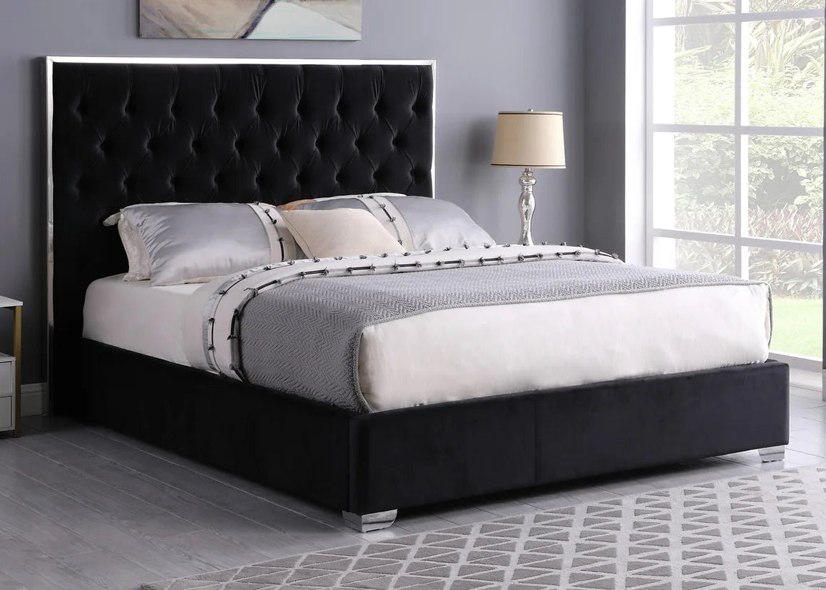 Rose Black Velvet Silver Trim Platform Bed Frame