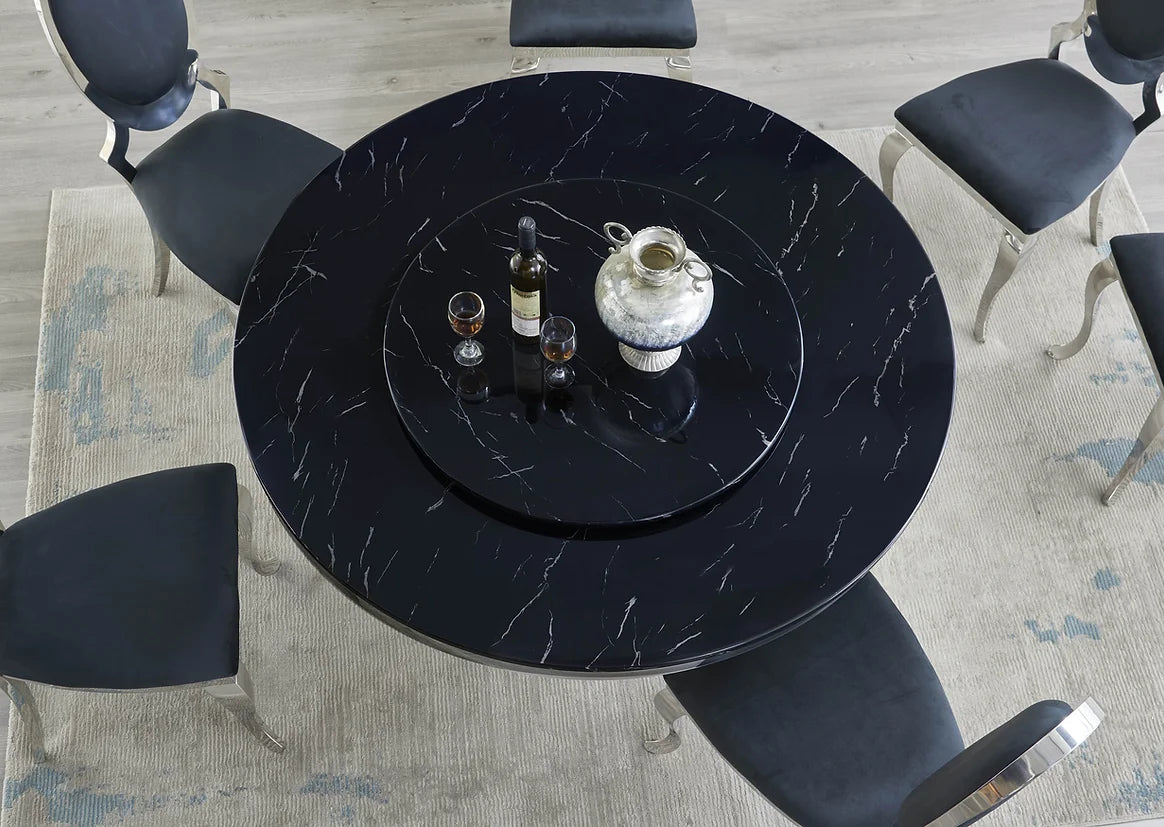 5pcs or 7pcs Round Faux Marble Table Top & Black Leather Dining Set