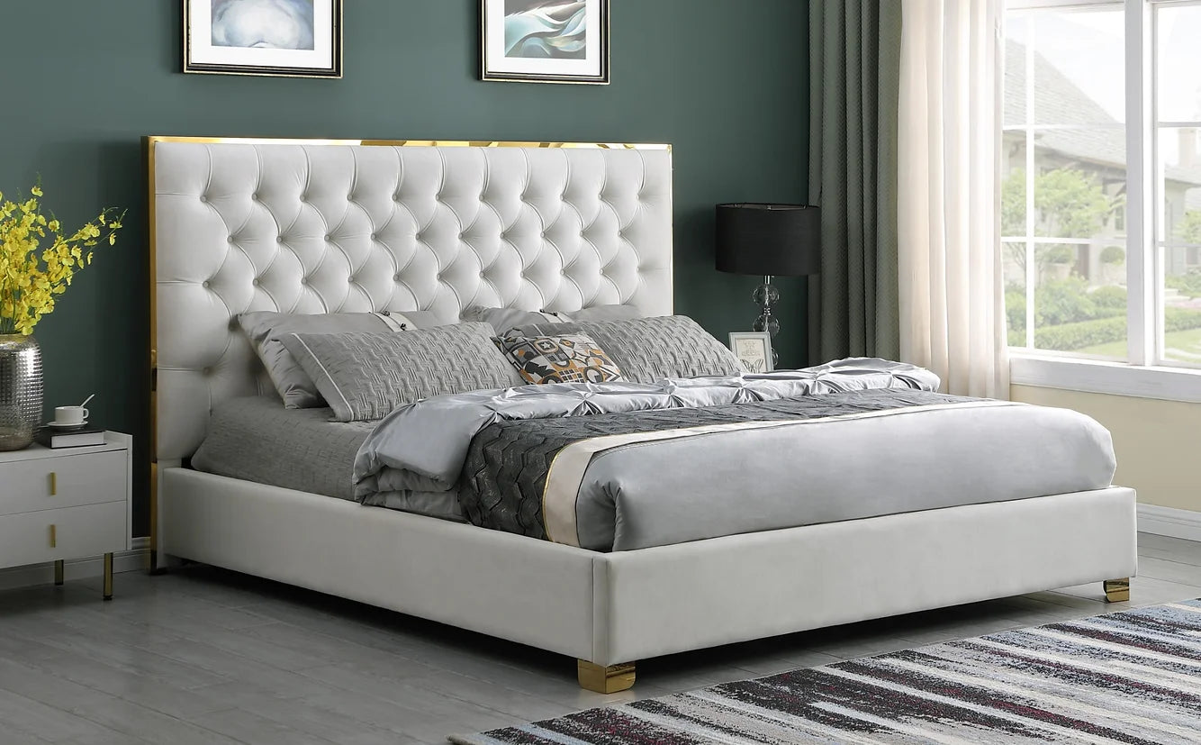 Rose Ivory Velvet Gold Trim Platform Bed Frame