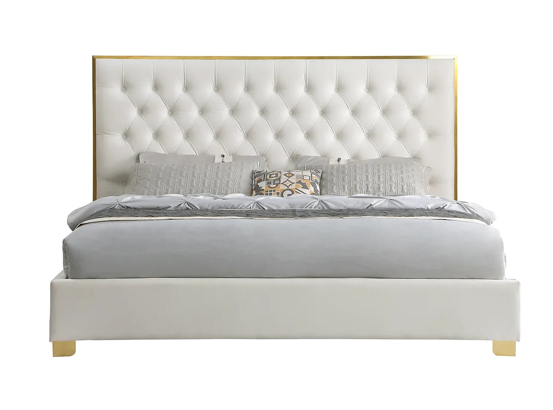 Rose Ivory Velvet Gold Trim Platform Bed Frame