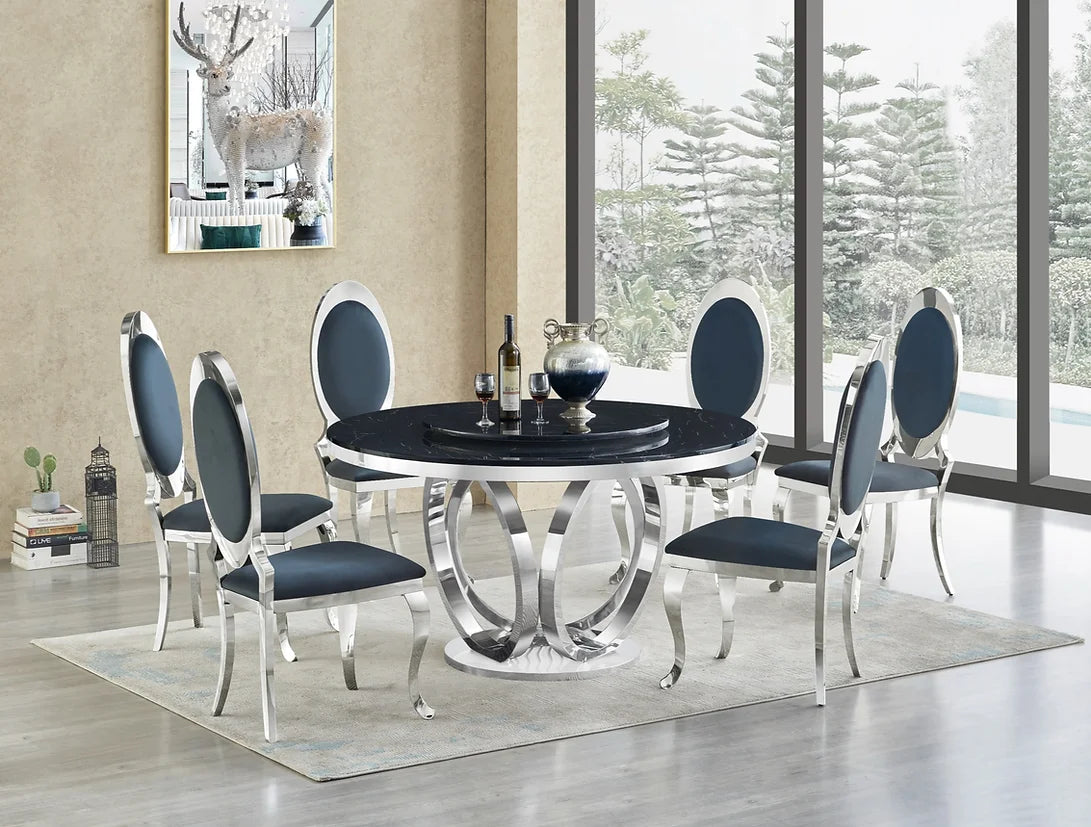 5pcs or 7pcs Round Faux Marble Table Top & Black Leather Dining Set