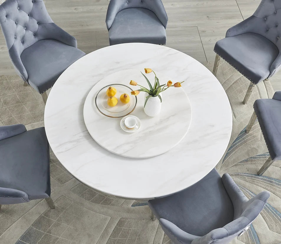 7pcs Round Faux Marble Table & Grey Tufted Velvet Dining Set