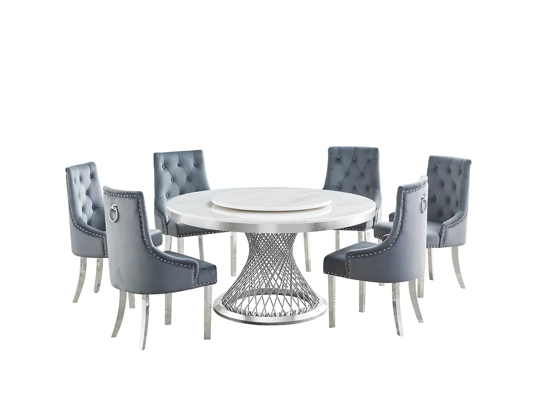 7pcs Round Faux Marble Table & Grey Tufted Velvet Dining Set