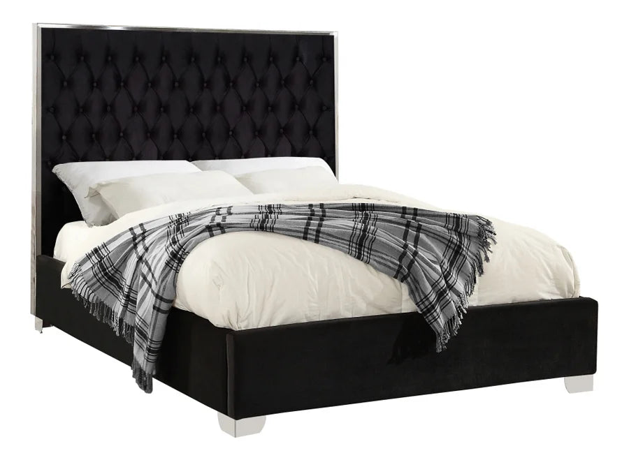 Rose Black Velvet Silver Trim Platform Bed Frame
