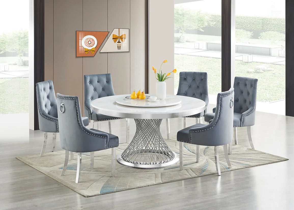 7pcs Round Faux Marble Table & Grey Tufted Velvet Dining Set