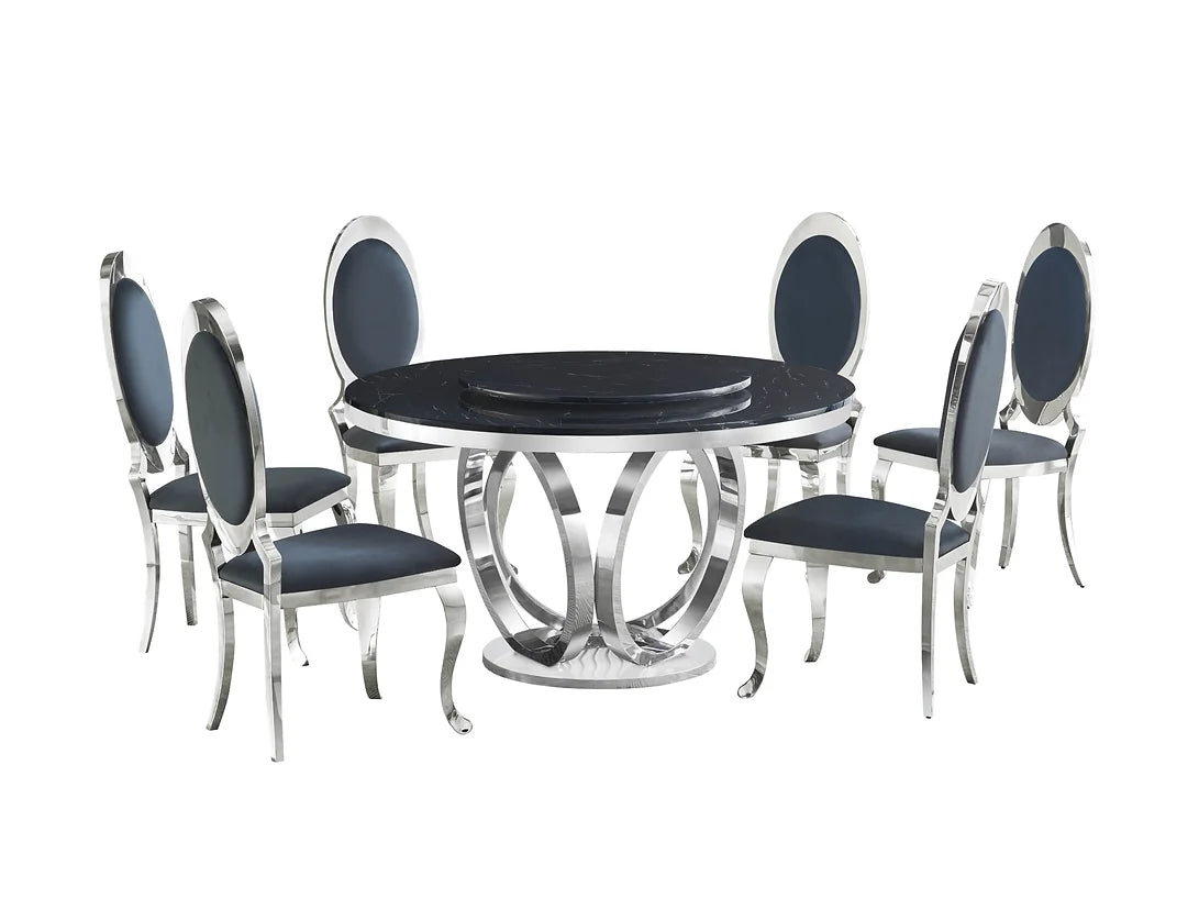 5pcs or 7pcs Round Faux Marble Table Top & Black Leather Dining Set