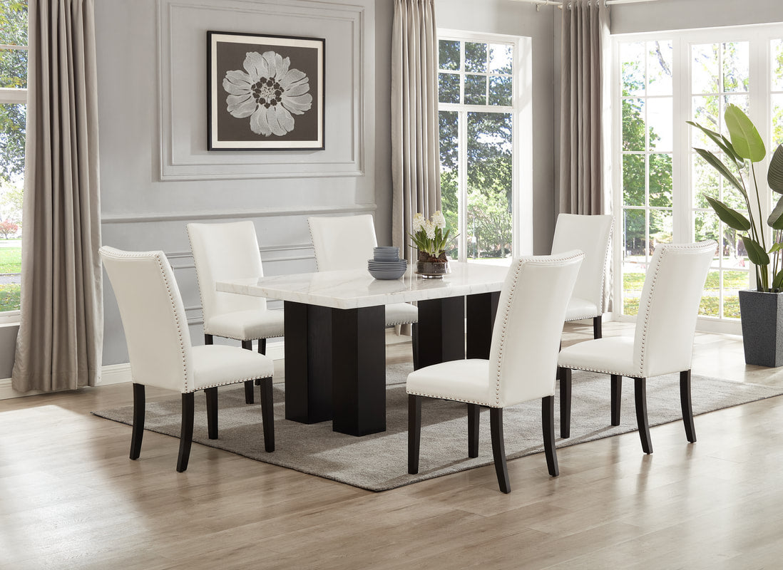 7pcs Rectangular Genuine Marble Table Top with Velvet Chairs Dining Set