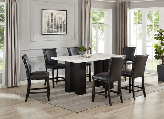 7pcs Rectangular Genuine Marble Table Top Counter Height with PU Leather Chairs Dining Set (Multiple Colors)