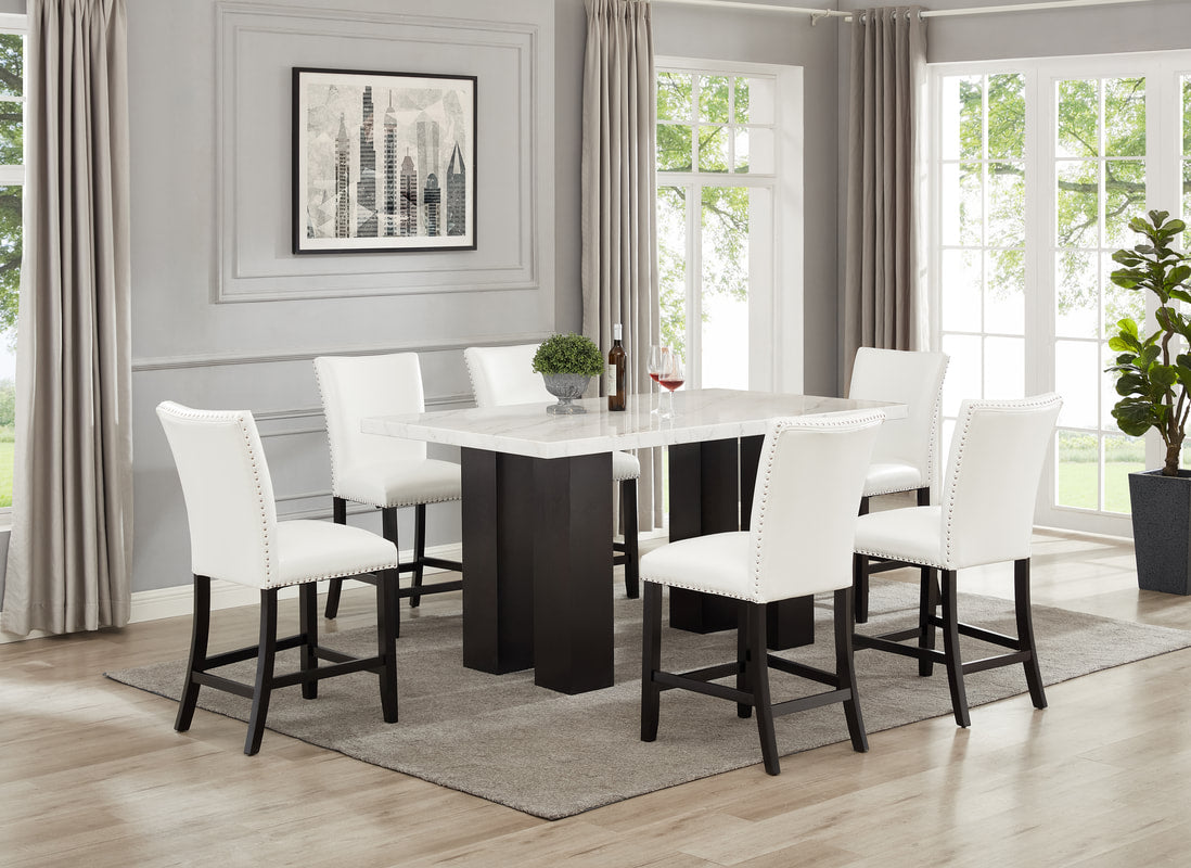 7pcs Rectangular Genuine Marble Table Top Counter Height with PU Leather Chairs Dining Set (Multiple Colors)