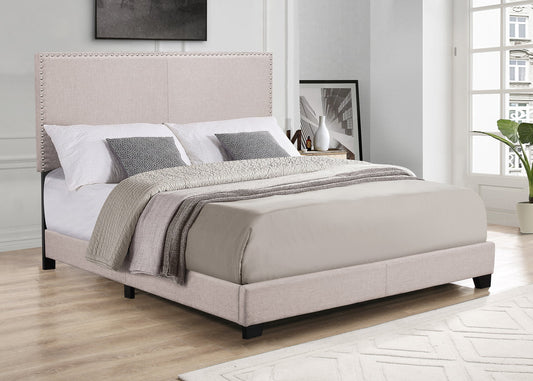 HH515 Beige Linen Fabric Nailhead Trim Bed Frame