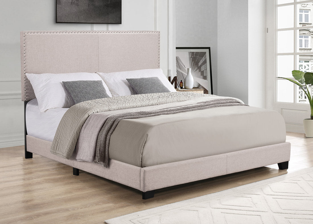 HH515 Beige Linen Fabric Nailhead Trim Bed Frame
