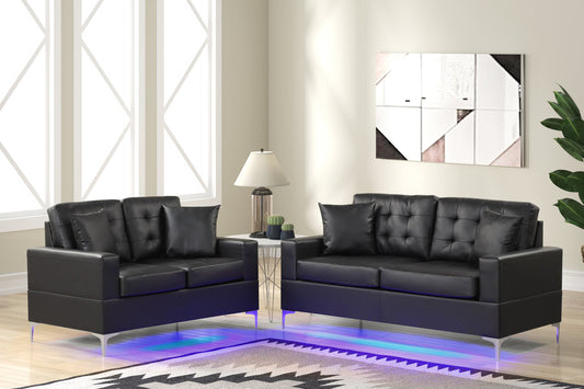 Black PU Leather LED Sofa & Loveseat Set