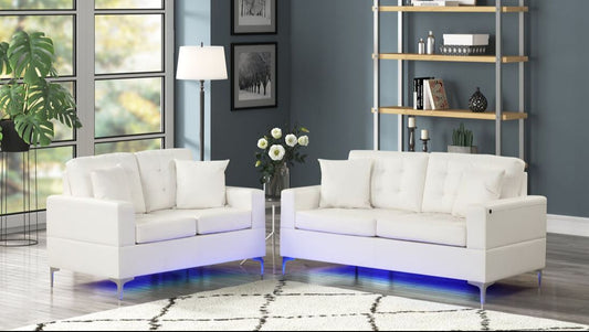 White PU LED Leather Sofa & Loveseat Set