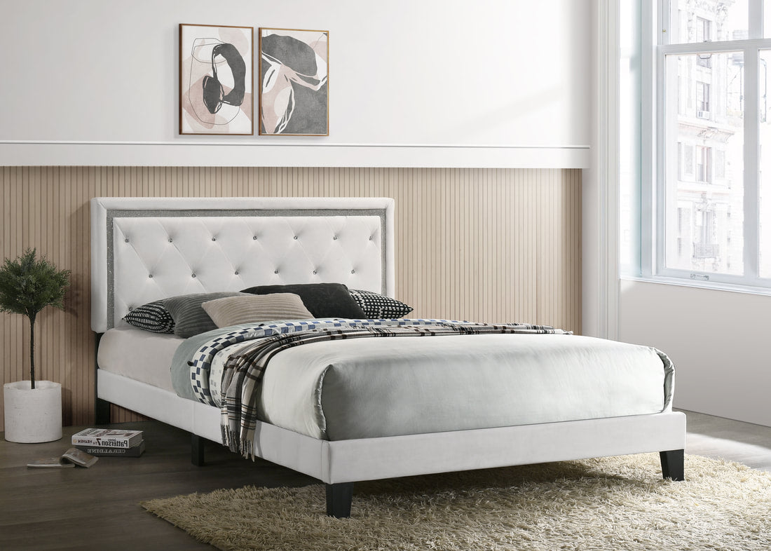 Passion White Diamond Velvet Platform Bed Frame