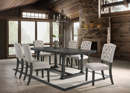 7pcs Wood Table Top with Beige Linen Chairs DIning Set